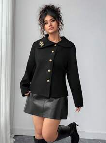 Elenzga Abrigo corto de lana de ajuste ceñido con broche de solapa y accesorios para mujer de talla grande