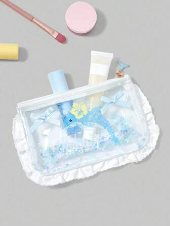 Fairycore Borsa per il trucco grande in PVC trasparente con motivo floreale bianco in pizzo e motivo marino