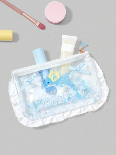 Fairycore Bolsa de maquillaje de gran capacidad con estampado de océano, transparente de PVC con encaje floral blanco