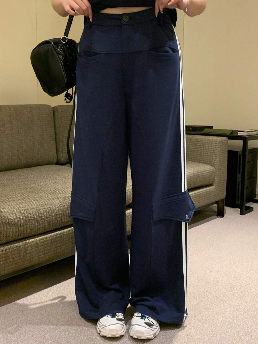 Dazy Plus Pantalones casuales de pierna recta y suelta con parches de cinta de color contrastante - Azul Marino - Ver 1