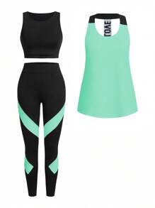 Easithlete Conjunto deportivo de mujer con top de tirantes con letras y leggings de color contrastante. Conjunto de ropa deportiva, conjunto de entrenamiento, ropa de gimnasio, conjunto de ropa de entrenamiento para mujeres