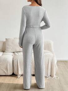 SHEIN 2件套孕妇纯色裹身打结长袖上衣和裤子休闲哺乳套装