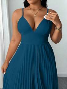 SHEIN Unity Plus Size Elegant Spaghetti Strap Ruched Open Shoulder Bowknot Dress - Blue - View 6