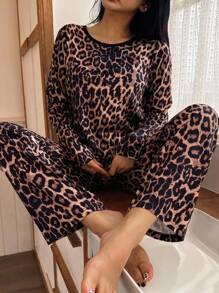 SHEIN Multicolor Leopard Print Regular Fit Long Sleeve Top & Pants Pajama Set, Fall Winter Clothes Cozy And Elegant Details