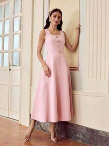 ZEYLAH RHINESTONE FLORAL BUTTON SLEEVELESS DRES,VALENTINE'S DAY OUTFIT, FULL DRESS, FIT AND FLARE - Pink - View 6