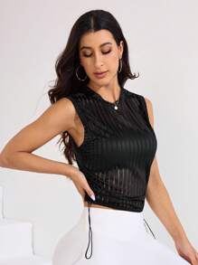 Easithlete Top sport scurt pentru femei, cu guler rotund, fără mâneci, cu șnur, în talie