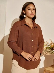 SHEIN LUNE 大碼素色前紐扣襯衫 - 鏽棕色 - 查看 8