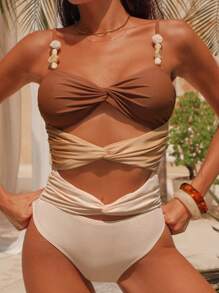 Swim Chiccia Traje de baño de una pieza de mujer con bloques de color calado, elegante y sencillo para resort