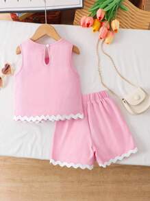 Elladie kids 女童纹理面料撞色下摆无袖上衣和休闲短裤T恤套装 - 粉色 - 查看 2