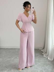 Elenzga 2pcs/Set Women V-Neck Waist Design Faux Pearl Decor Short Sleeve Top And Straight Leg Pants Set, Elegant - Pink - View 6