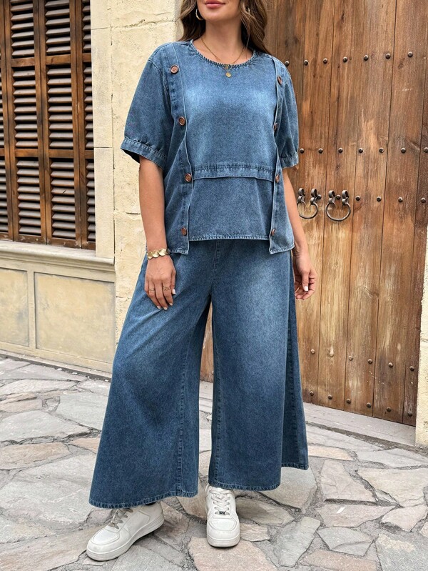 EMERY ROSE Conjunto casual de 2 piezas de top de manga corta de cuello redondo de unicolor y pantalones vaqueros de pierna ancha para mujer de talla grande, ropa de mujer de otoño