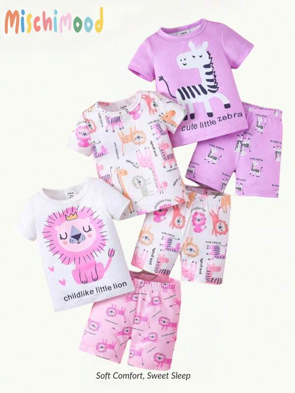 3pcs/Set Cartoon Lion, Giraffe, Zebra Printed Round Neck Short Sleeve Top & Shorts Snug Fit Home Wear For Baby Girls