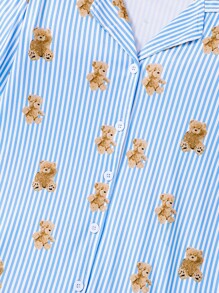 2 pièces Ensemble de pyjama femme avec haut à manches longues et pantalon, imprimé rayures bleues et ours, vêtements d'automne et d'hiver