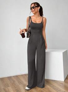 Flirla 纯色露背吊带背心和直腿宽松连体裤 - 灰色 - 查看 6