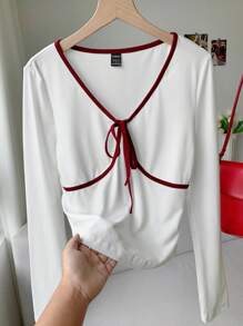 Comfortcana 撞色饰边系带白色针织女式 T 恤 - 白色 - 查看 6