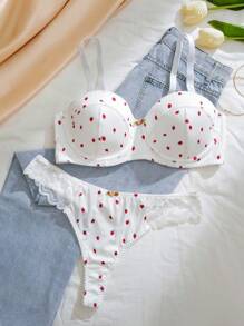 SHEIN Bộ áo ngực và quần lót nâng ngực dệt kim màu trắng cỡ lớn có họa tiết quả anh đào, nâng ngực - trắng - Xem 6