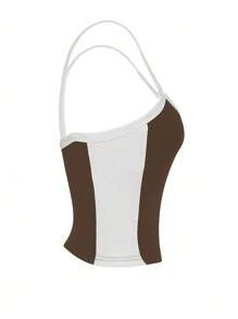 INAWLY 拼色短款修身休闲吊带背心图案T恤女式上衣 - 咖啡棕 - 查看 5