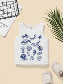 Young Boy Casual Minimalist Cartoon Pattern Vest Top, Suitable For Summer
