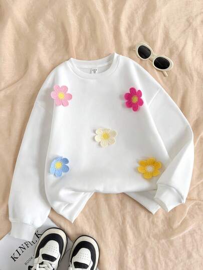 少女白色宽松针织3D立体花卉印花超大圆领落肩长袖卫衣，花朵图案可爱卫衣，少女花朵衬衫，秋冬季可爱服装