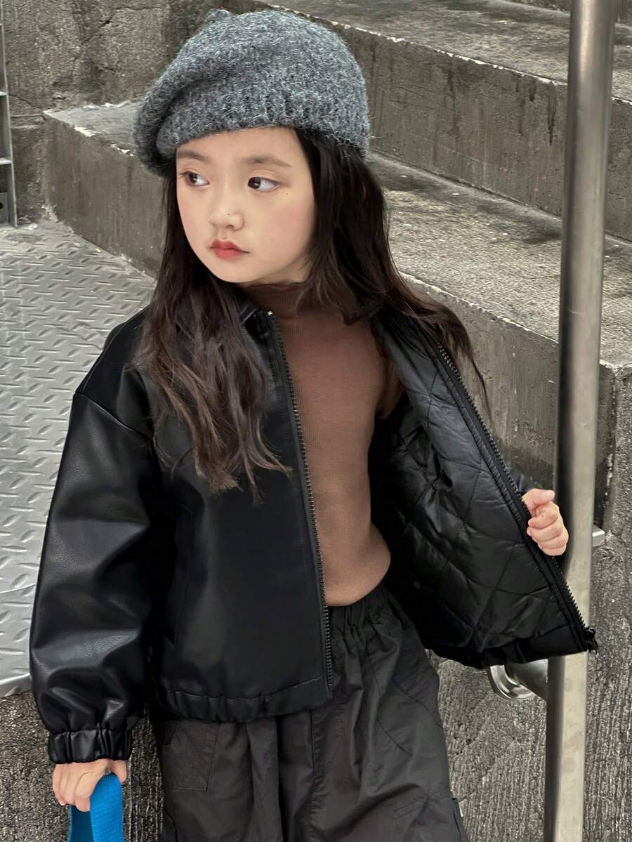 DAZY 秋季少女羽绒服皮夹克 - 黑色 - 查看 1