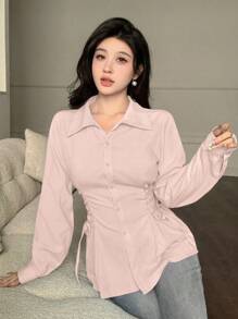 Modelyn 女式纯色长袖单排扣休闲抽绳系腰时尚衬衫 - 淺粉色 - 查看 7