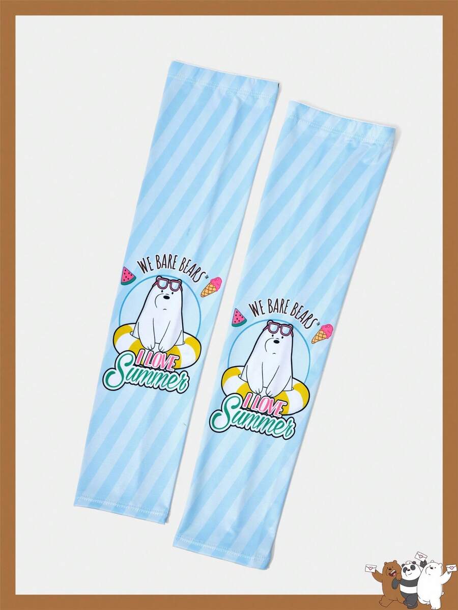 We Bare Bears X SHEIN 1 对卡通字母图案时尚袖套,夏季 - 藍色 - 查看 1