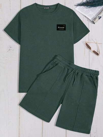 SHEIN Cottnline 100% katoenen heren klassieke wafel ruit sluiting detail korte mouwen T-shirt en shorts set