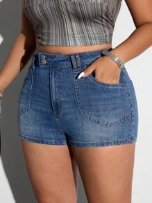 SHEIN Unity Shorts vaqueros de talla grande para mujer con cintura alta, bolsillos y abotonadura, versátiles y casuales - Azul - Ver 4