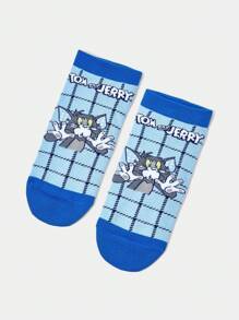 TOM & JERRY X SHEIN 1 par de calcetines cortos de mujer con patrón de letra de dibujos animados y cuadriculado - Azul - Ver 3