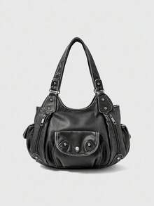 ROMWE Grunge Punk Túi đeo vai thiết kế khóa kéo phong cách Biker cổ điển dành cho nữ - màu đen - Xem 3