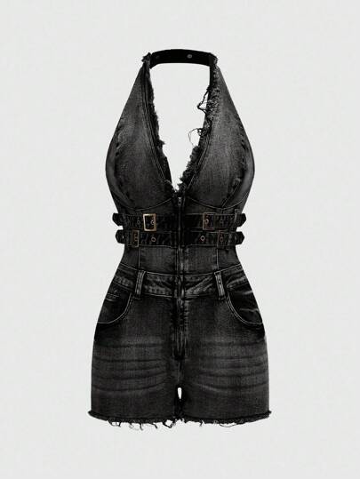 Fairycore Mono corto de mezclilla con cuello halter lavado y deshilachado en la espalda para mujer, estilo Y2K