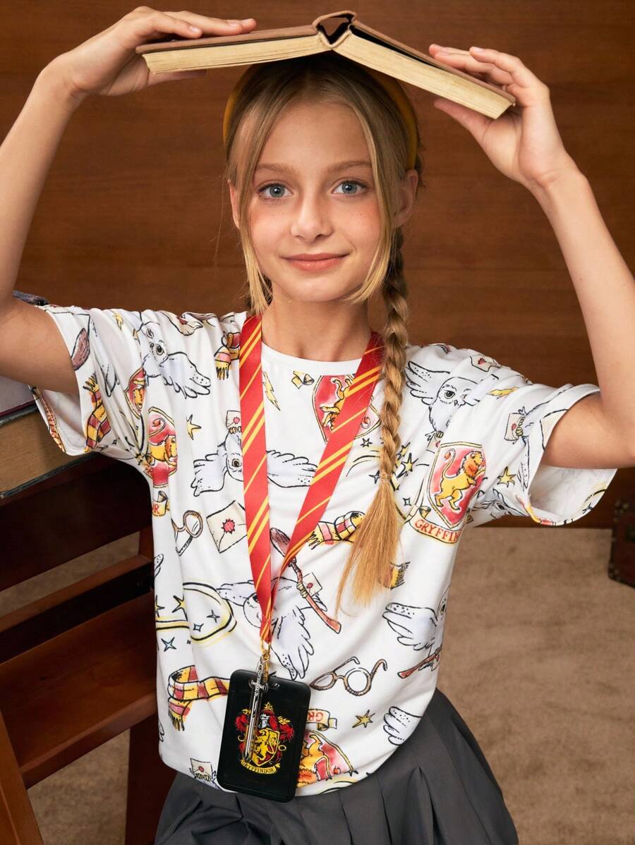 HARRY POTTER X SHEIN Camiseta de manga corta blanca informal y versátil con estampado de búho para niñas preadolescentes en verano
