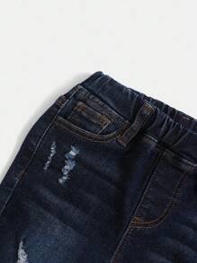 SHEIN 男童弹力腰部破洞牛仔裤 男童破洞牛仔裤 儿童破洞牛仔裤 儿童破洞牛仔裤 - 深色水洗藍 - 查看 3