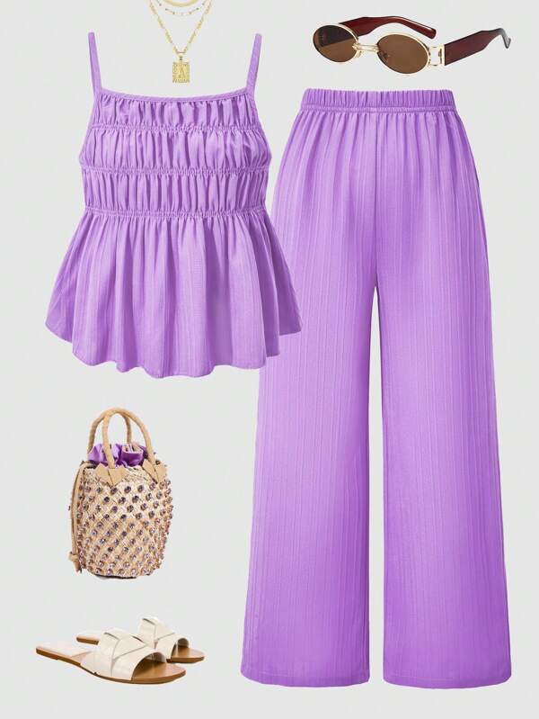 SHEIN 2 pezzi / set Top a canottiera con volant in tessuto jacquard e pantaloni a zampa ampi, adatto per uso quotidiano, tempo libero, vacanze, incontri tra sorelle, primavera/estate, per ragazze adolescenti