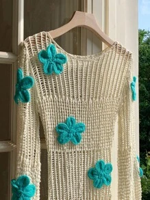 Comfortcana Women Summer Crochet Small Mesh Hollow Floral Decor Knitted Dress For Women - Apricot - View 7