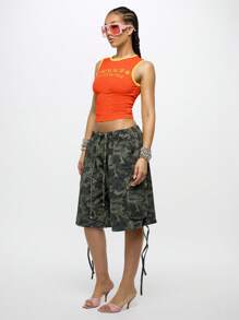 SUMWON WOMEN 无袖短款背心，图案字母装订设计，节日夏季休闲街头服饰，休闲狂欢运动休闲 - 紅色 - 查看 4