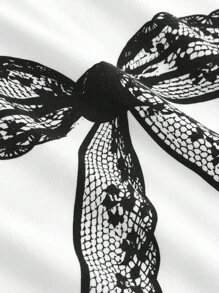 Girlism 青少年女孩两件套：可爱蕾丝蝴蝶结印花短袖 T 恤和喇叭裤，休闲简约夏季服装 - 黑與白 - 查看 3