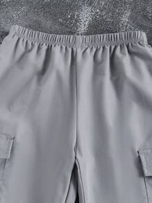 SHEIN 休閒套裝：趣味圖案印花短袖上衣與鬆緊束口工裝褲套裝，適合小男孩 - 灰色 - 查看 9