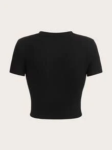 Tseoso Áo thun tay ngắn cổ tròn in khẩu hiệu đơn giản giản dị, áo chui đầu bó sát dành cho nữ, mùa hè - màu đen - Xem 7