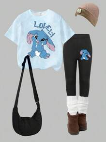 Young Girl Casual Fashionable Creative Cute Graphic Letter Print Tee And Leggings 2-Piece Set Bunny Shirt Girls Clothes Cute Shirts For Teen Girls Baggy Girls Outfits