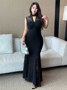 Vibekara Đầm Maxi Đen Ôm Sát Cổ Chữ V Cổ Chữ V Cài Nút Ren Viền Hoa Co Giãn Cao Thanh Lịch Vạt Áo Nàng Tiên Cá Cho Kỳ Nghỉ, Tiệc Tùng, Sự Kiện, Hẹn Hò - màu đen - Xem 3