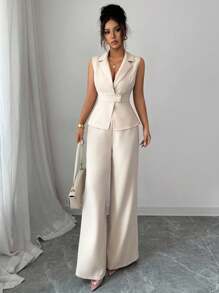 Elenzga 2pcs/Set Mature Elegant Women's Sleeveless Top With Collar Design And Waist Button, Wide-Leg Long Pants/African Dresses For Women/Drawstring Pants /Smart Casual/Fall,Halloween,Homecoming,Back To School/Teacher Outfits/Fall Women Clothes/Winter,Thanksgiving/Winter Women Clothes - Apricot - View 4