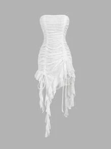 Sweetra Women Sexy Lace Ruched Drawstring Tied Ruffle Trim Sleeveless Fitted Asymmetrical Mini Dress - White - View 1