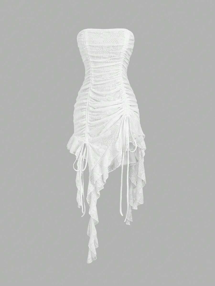 Sweetra Women Sexy Lace Ruched Drawstring Tied Ruffle Trim Sleeveless Fitted Asymmetrical Mini Dress - White - View 1