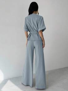 Firerie 2 件套女士休闲宽松西装，V 领衬衫和高腰阔腿裤，适合春夏秋季通勤、优雅、母亲节、教师节、工作装