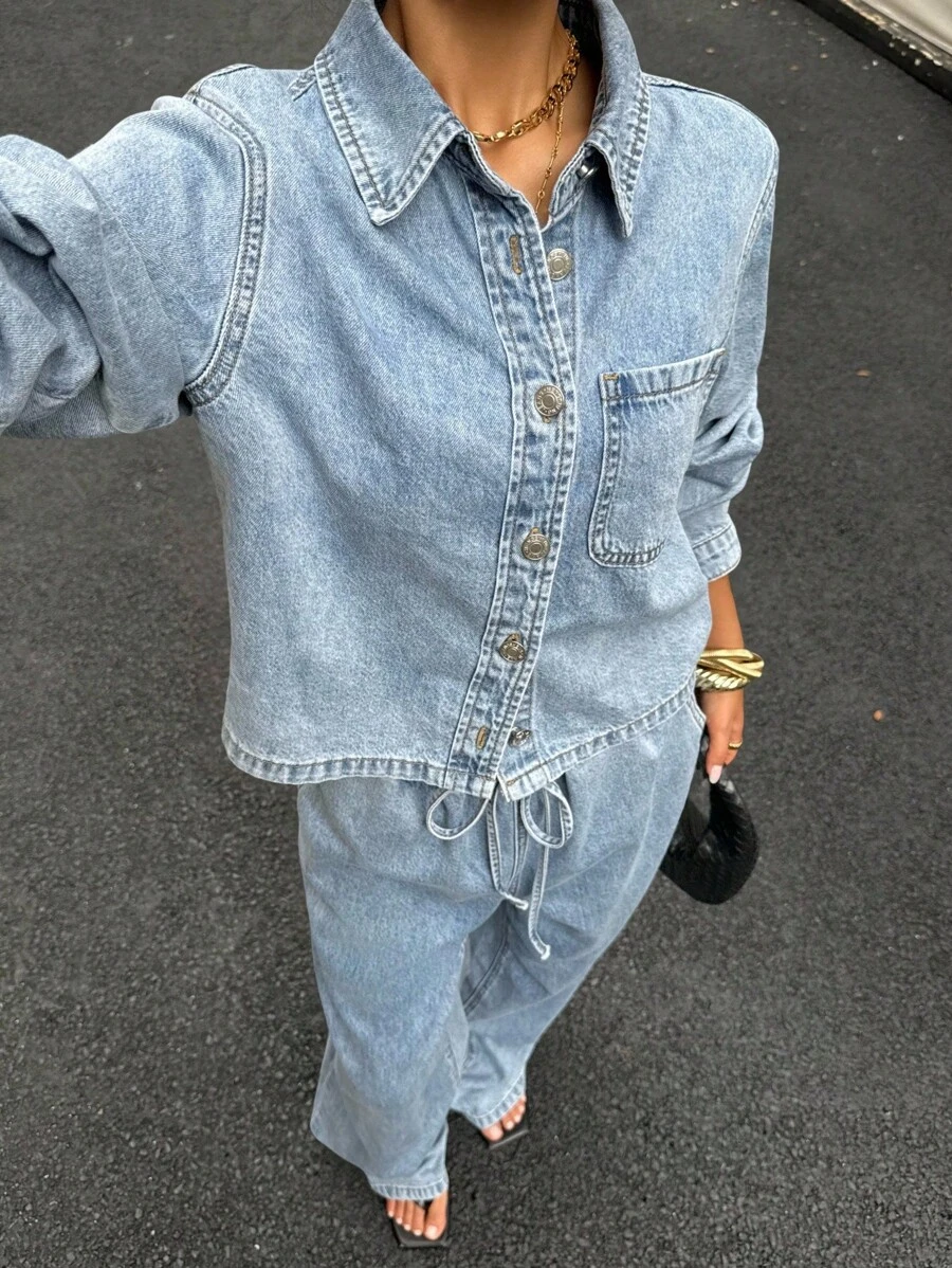 Muchica 女式夏季休闲浅蓝色水洗纽扣牛仔衬衫和牛仔裤套装 - 藍色 - 查看 1