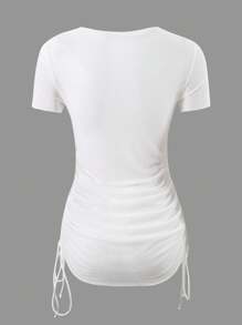 SHEIN Swim Women Solid Color Round Neck Short Sleeve Side Drawstring Cover-Up Top For Summer Beach Vacation - White - View 2