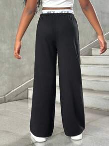 SHEIN Tween 女童休闲黑色针织字母印花腰直筒裤，开学季 - 黑色 - 查看 4