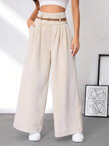SHEIN Tall Jeans de pierna ancha de unicolor básico blanco para mujer, casual versátil para la vuelta al colegio en otoño, para mujeres altas - Caqui - Ver 3
