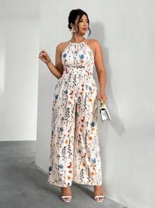 Firerie Plus Size Women Floral Print Waist Tie Cross Loose Jumpsuit, Holiday Style - Multicolor - View 6